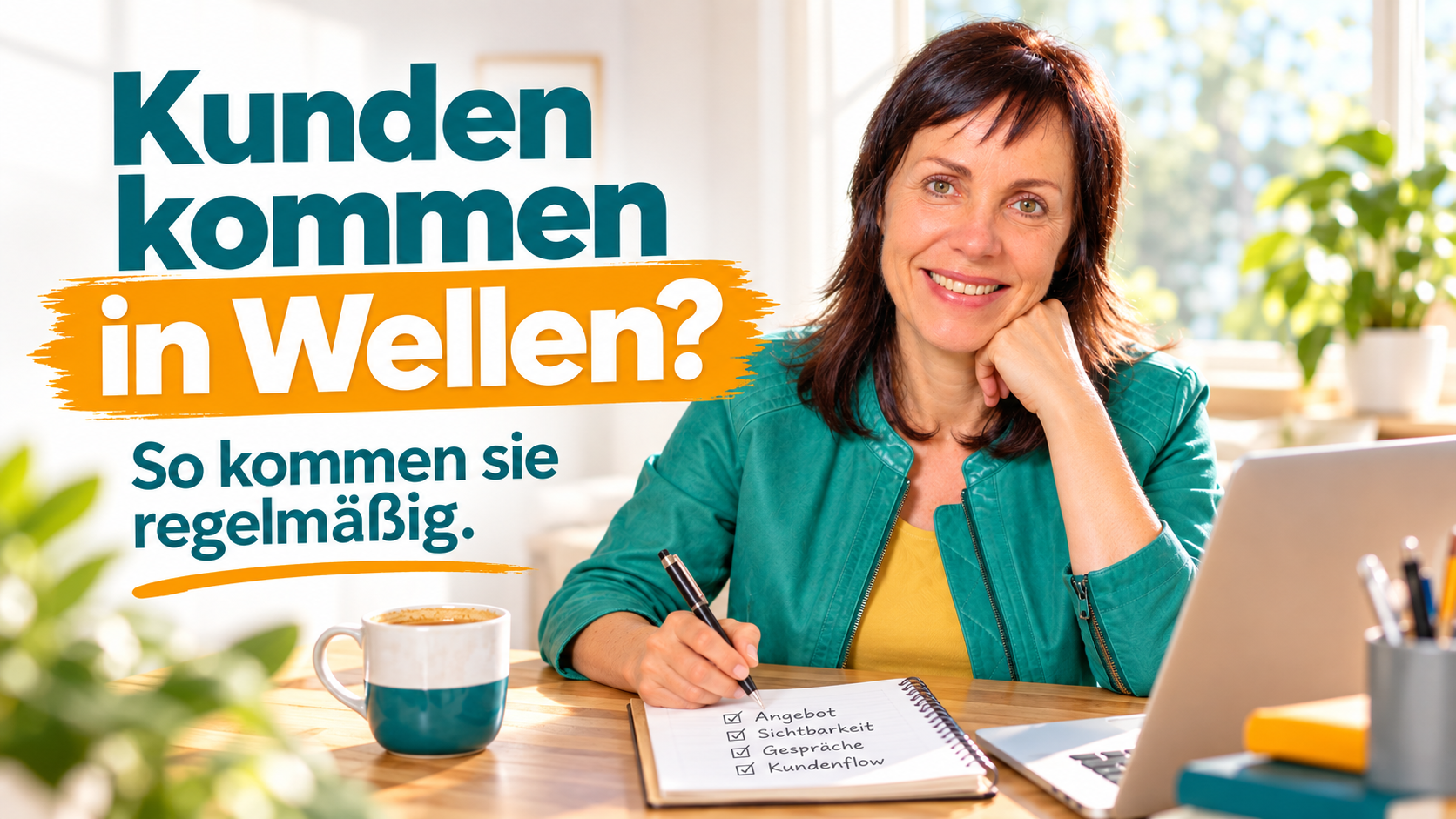 Christina Bodendieck am Schreibtisch mit der Frage „Kunden kommen in Wellen? So kommen sie regelmäßig.“ zum Thema planbare Kundengewinnung für Coaches und Solounternehmer.